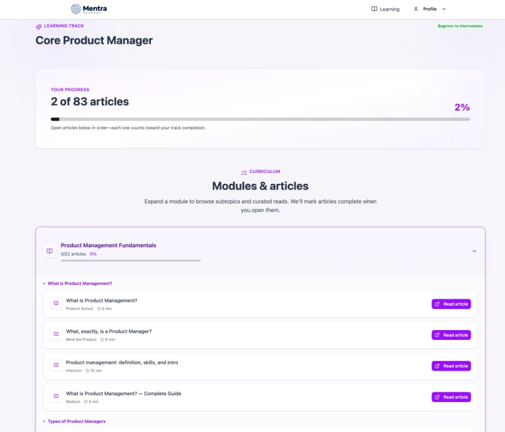 Core Product Manager learning track with progress tracking, modules, and curated articles