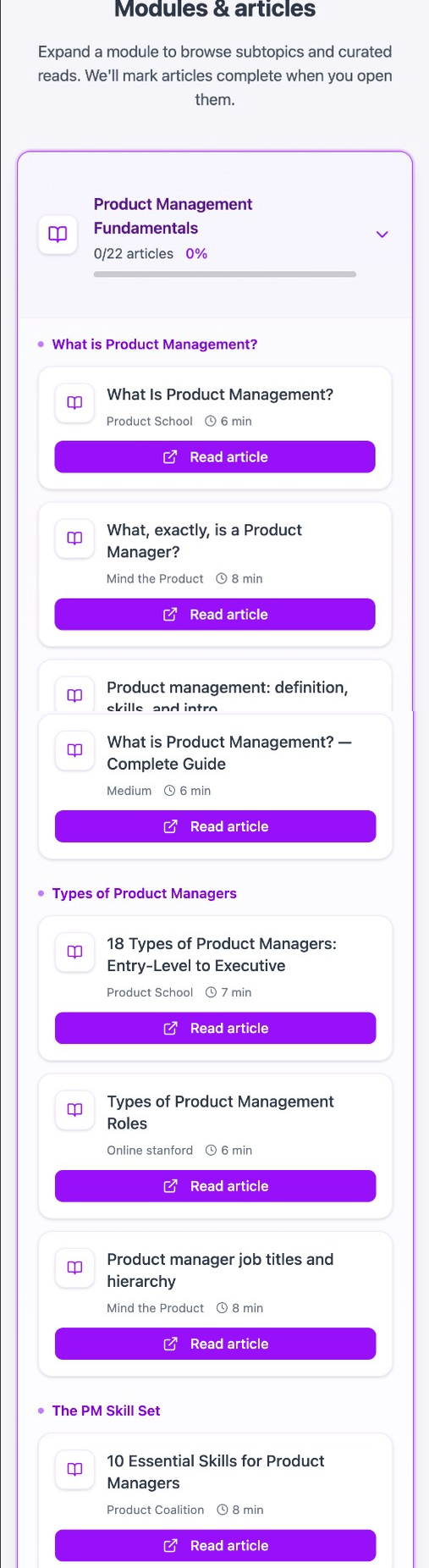 Mobile curriculum with modules, articles, and learning path articles